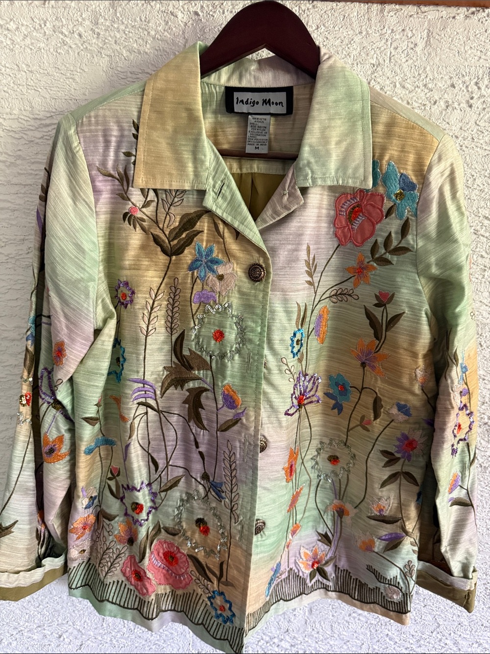 Indigo Moon Embroidered Pastel Green & Beige Floral Blazer